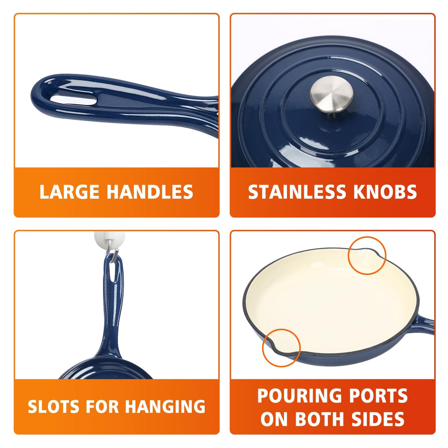 Hisencn 7 Piece Enameled Cast Iron Cookware Set, Pots And Pans Set, Ceramic Cookware Set, 2.25QT/4.75QT Cast Iron Dutch Oven, 10.25” Skillets, 2QT Pot, Suitable For All Stoves, PFA Free, Navy