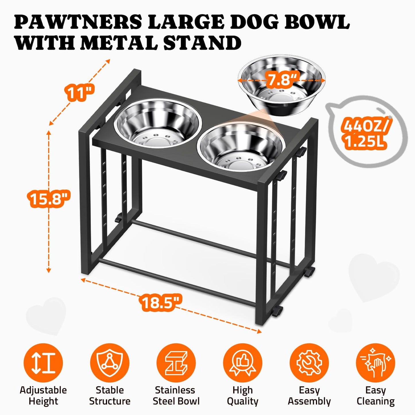 Elevated Metal Dog Bowls for Medium Breed: 4 Height-Adjustable Raised Dog Bowl Feeder Station with 2 Stainless Steel Bowls, Black