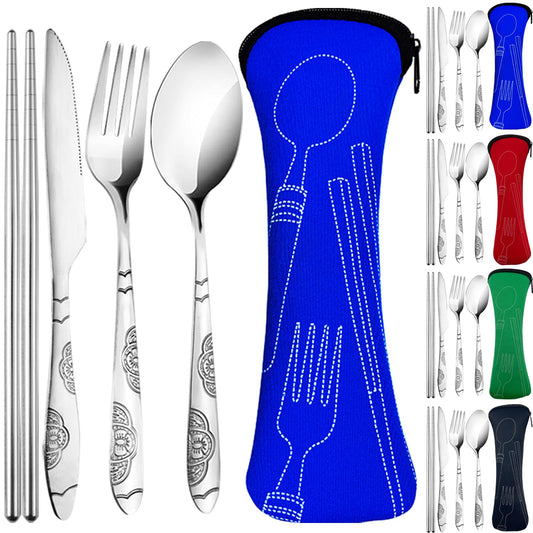 5PCS Portable Silverware Set with Case, Lengnoyp Travel Camping Utensils Set, Premium Stainless Steel Travel Cutlery Set, Reusable Safe Flatware Sets for Lunch Box/Workplace/Students, Silver