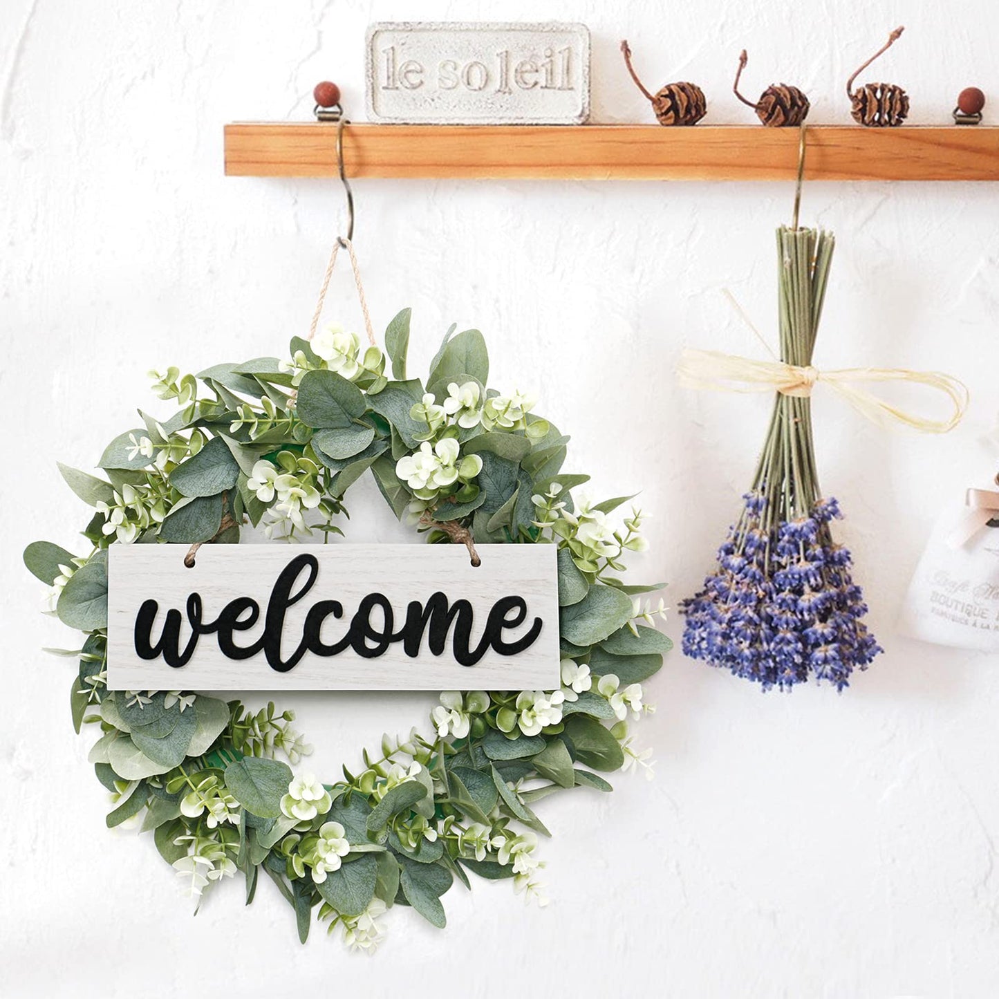 Dremisland 16 Inch Eucalyptus Leaves Wreath,Artificial Green Leaves Wreath with Welcome Sign Board for Front Door Window Farmhouse Garden Festival Celebration Home Decoration (White)