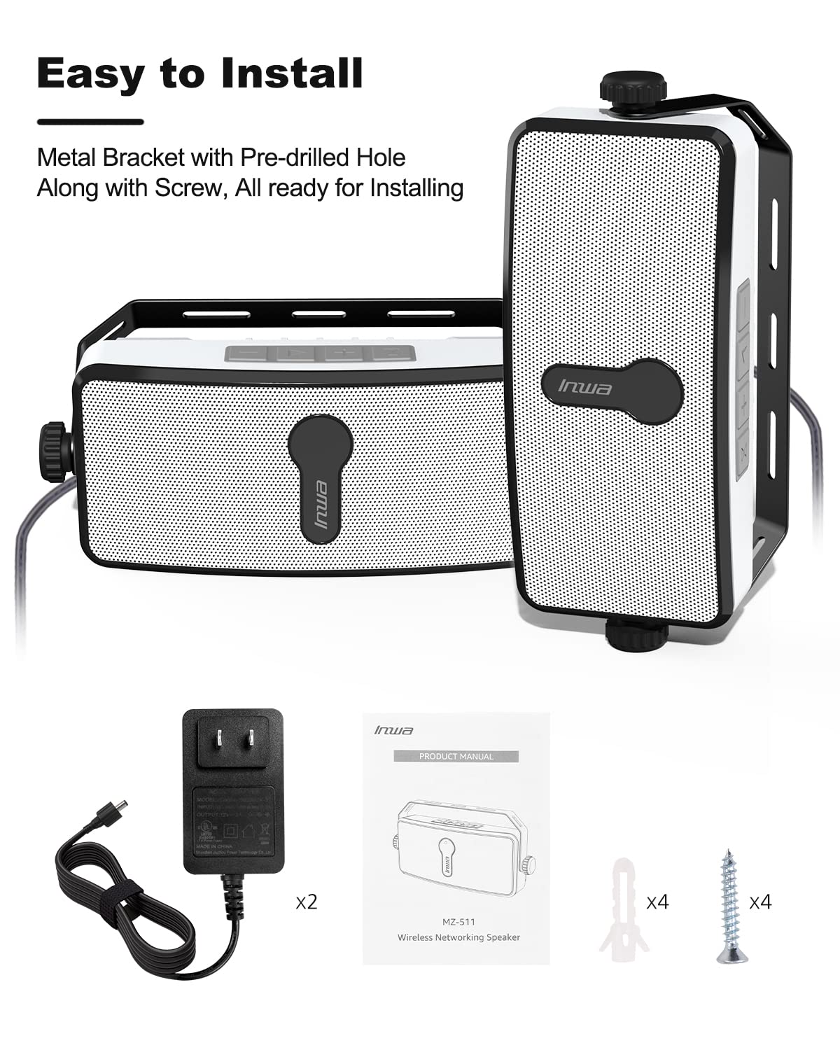 Inwa Bluetooth Outdoor Speaker, IPX5 Waterproof Wall Mount Speaker, Wireless Sync Up to 100 Speakers, Connect Seamlessly to Phone, Computer, Echo Dot, Suitable for Patio, Porch, Gazebo, Garage, 2 PCS