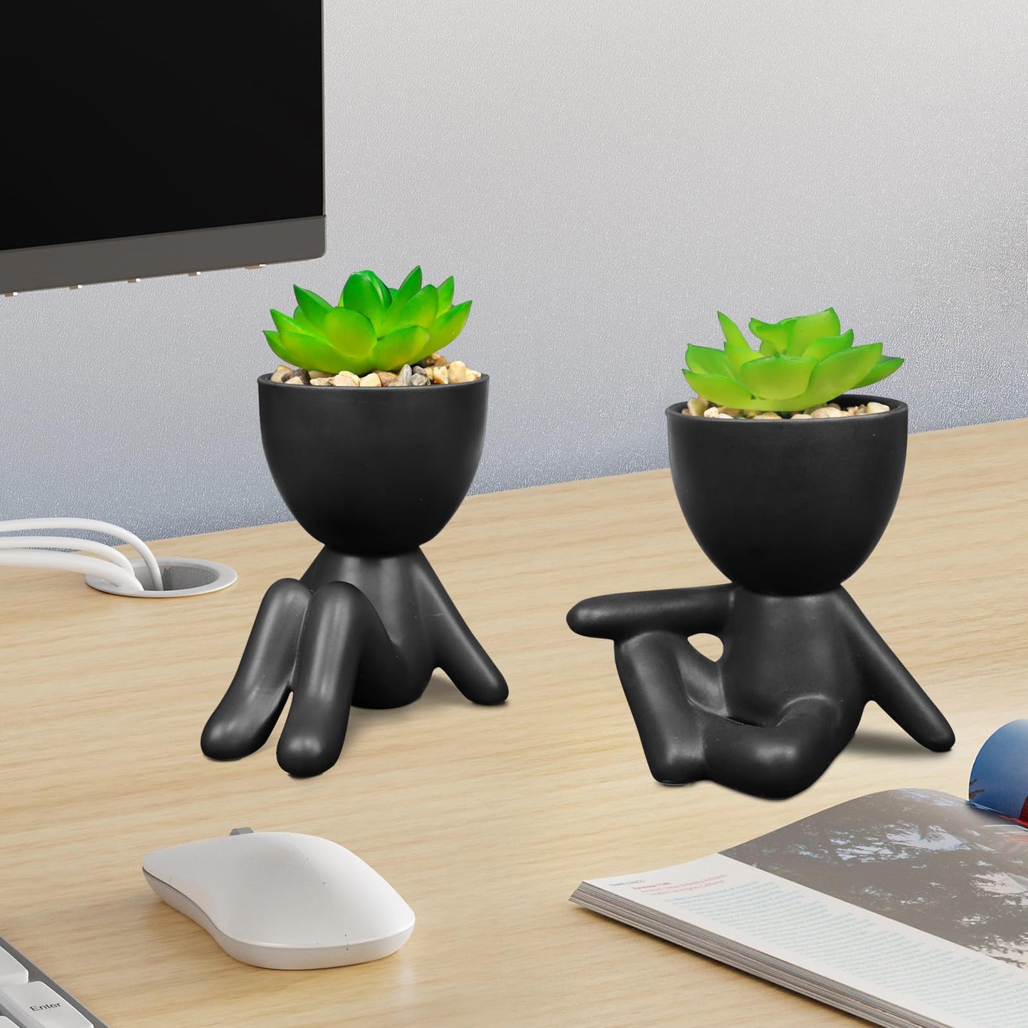SEMSOIIO Pack of 4 Black Cute Fake Plants, Artificial Succulent Plants with Creative Human Shaped Pots,Mini Potted Desk Plants for Office Bathroom Shelf Cubicle Home Decor (Matte Black)