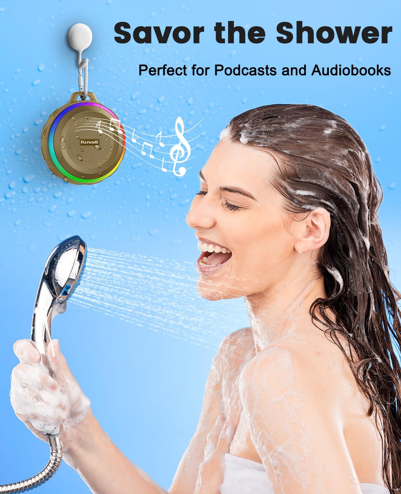Kunodi Bluetooth Shower Speaker with IPX7 Waterproof, Dynamic Lights, Crisp Clear Sound, True Wireless Stereo, Clip Portable for Pool Beach Boat Kayak Float Golf