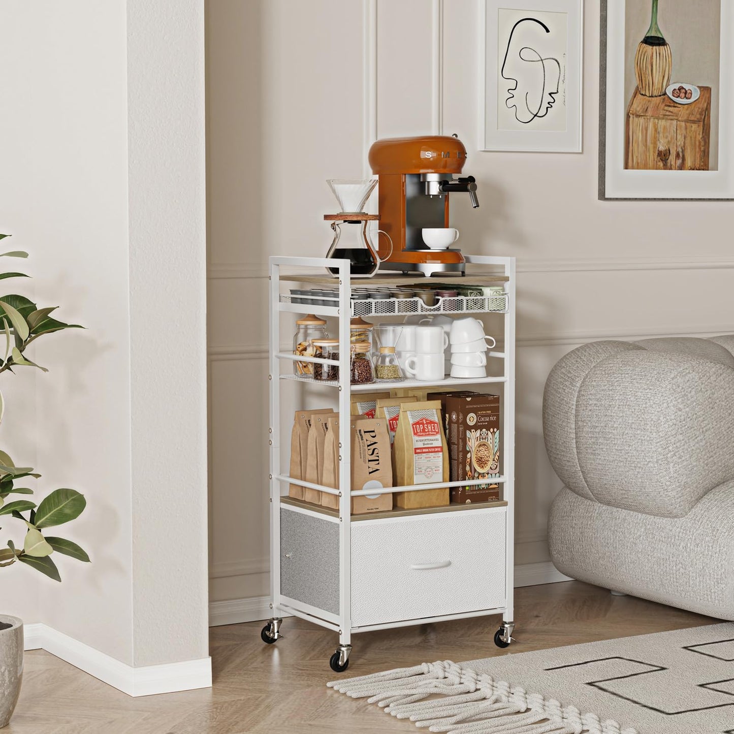 Coffee Bar Cabinet with Storage，5 Tier Coffee Station Table on Wheels, 33.6" H Cart with Drawer for Home Kitchen, Liquor Buffet Sideboard Cabinet (Modern White)