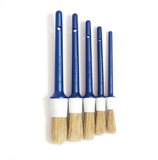 Natural Boar Hair Detailing Brush 5pcs Set, Automotive Non-Slip Detail Brushes for Cleaning Wheels, Engine, Interior, Exterior, Leather, Seat, Lug Nut, Emblems, Air Vents, Car, Motorcycle