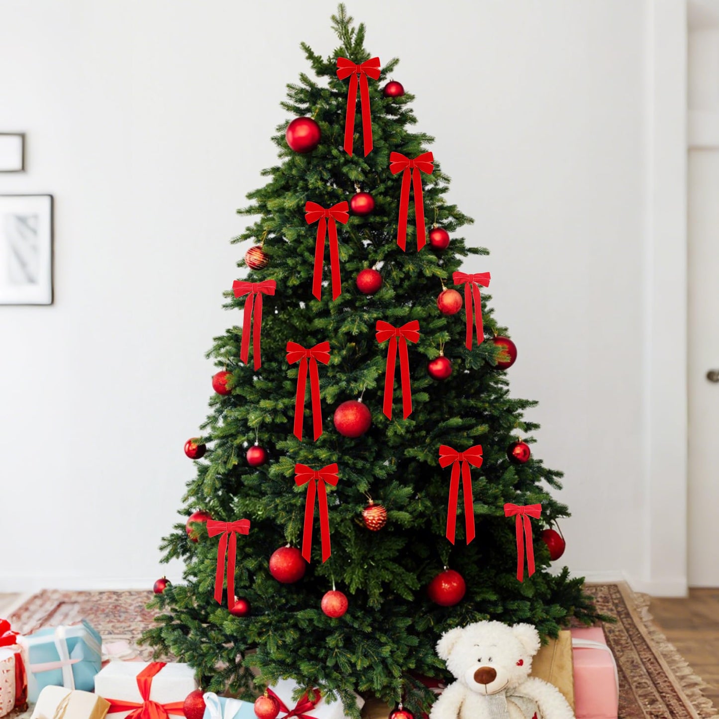 12Pcs Red Velvet Ribbon Bows Christmas Tree Decorations,5in x 10in Xmas Ornaments for Tree Home Party Front Door Wreath Holiday Decor