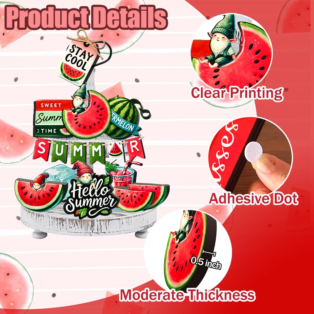 16 Pcs Summer Watermelon Decor - Wooden Farmhouse Tiered Tray Decorations Set, Watermelon Gnome Tiered Tray Decor, Summer Decorations for Home, Room, Table, Party, Kitchen, Office