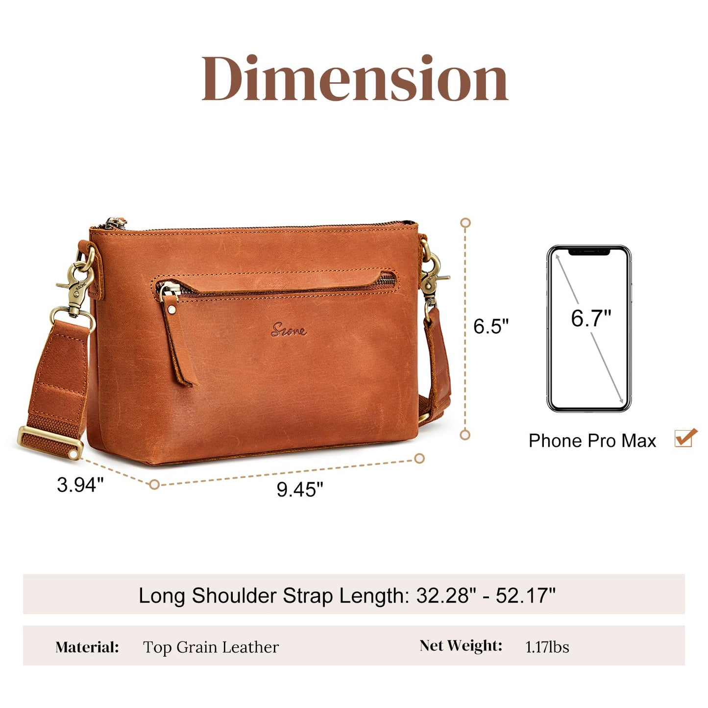S-ZONE Crossbody Bags for Women Trendy Genuine Leather Small Shoulder Bag Purses with Wide Strap (Cognac)