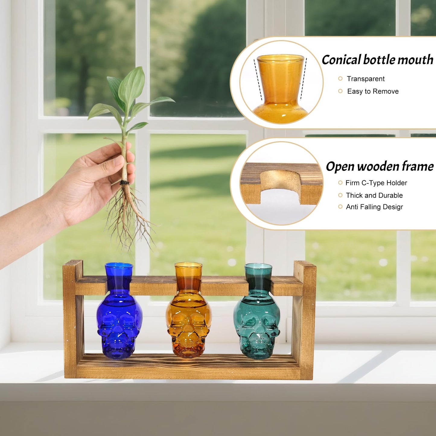 Plant Terrarium Propagation Stations Hydroponics Planter Vase Skulls Decor with Wooden Stand Gift (3*Mixed Color)