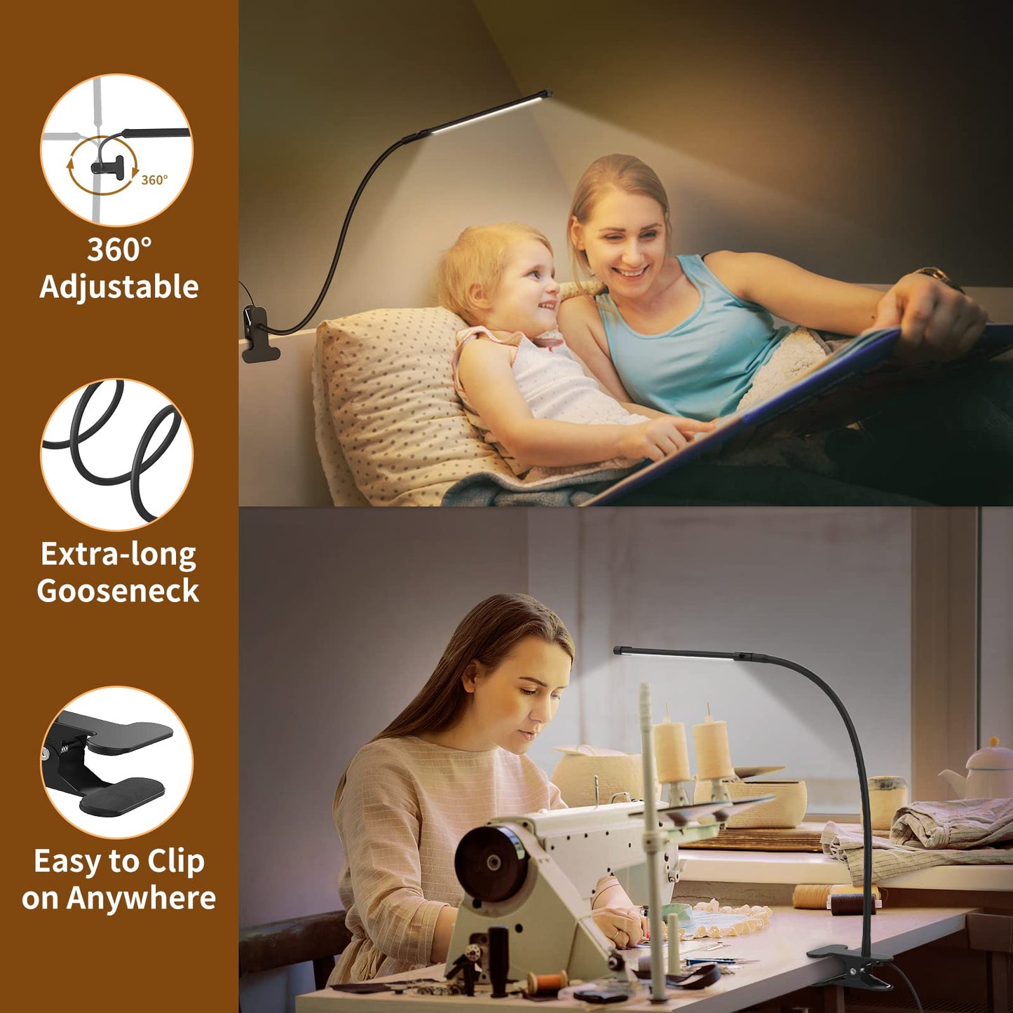 iZELL Book Light, LED Reading Light Clip On [3 Color Modes & 10 Brightness Levels] Flexible Gooseneck Book Lamp for Kids Reading in Bed at Night, Clip to Bedside Table, Headboard or Dorm