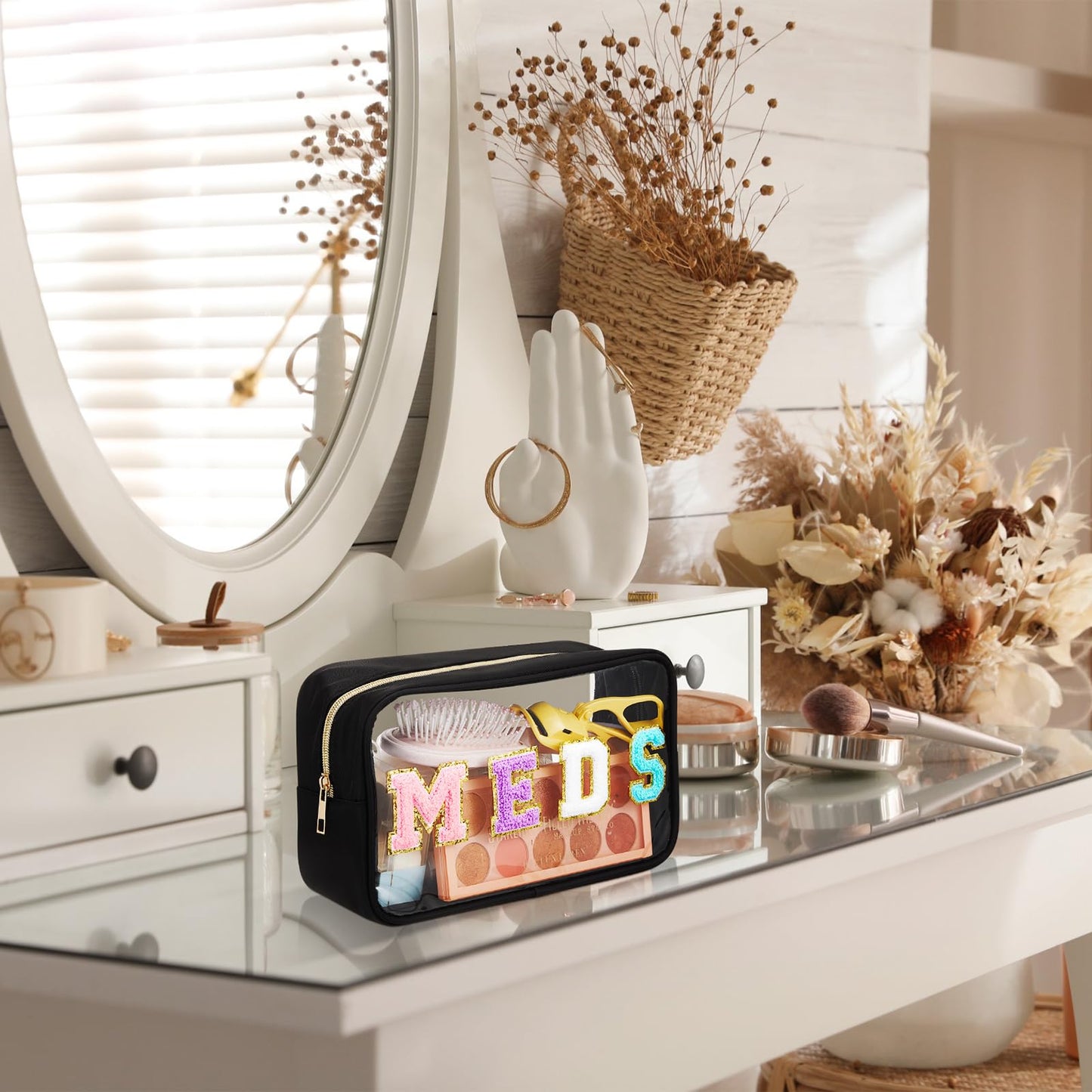 Geetery Chenille Letter Bag Nylon Portable Makeup Cases Preppy Patch with Zipper Cosmetic Toiletry Storage Bag for Women(Black,Original MEDS)