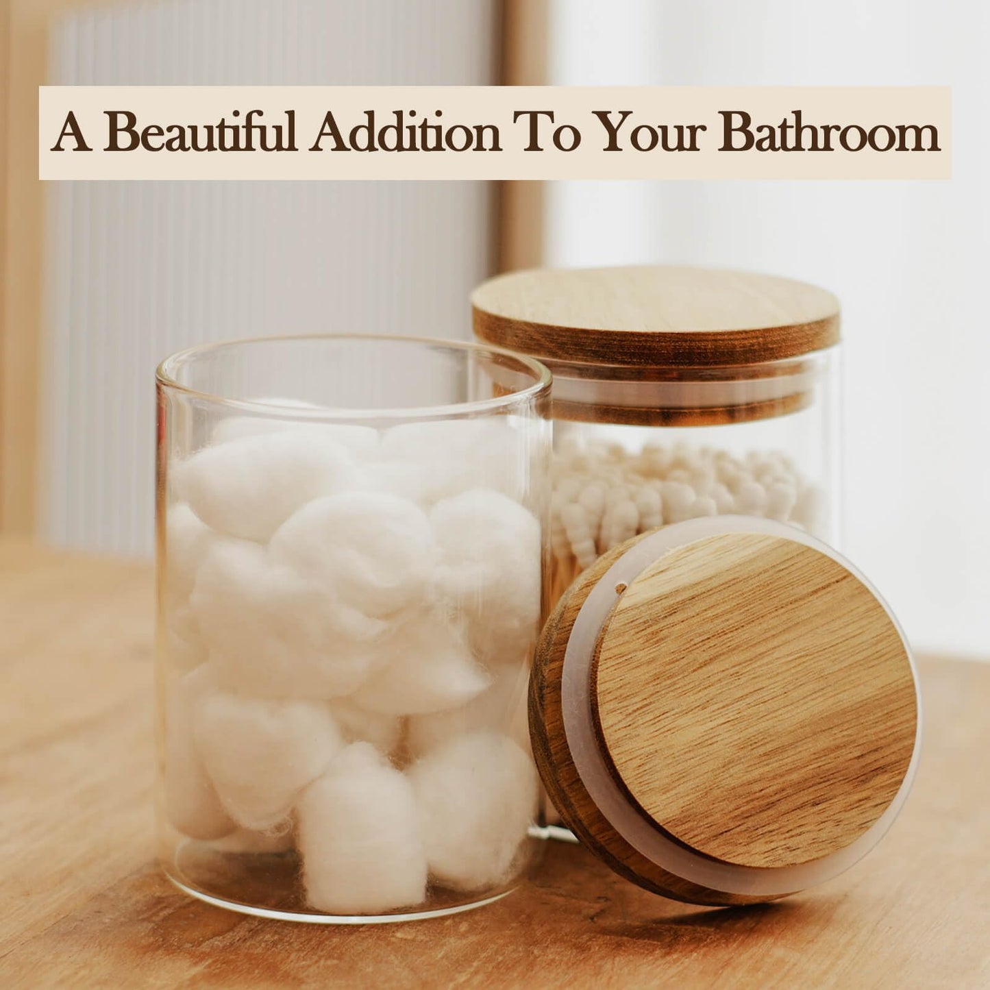Labina Qtip Holder Glass Bathroom Organizer Storage Canisters with Wooden Lid, 10oz Jar for Cotton Balls Swabs Dispenser and Bathroom Essentials