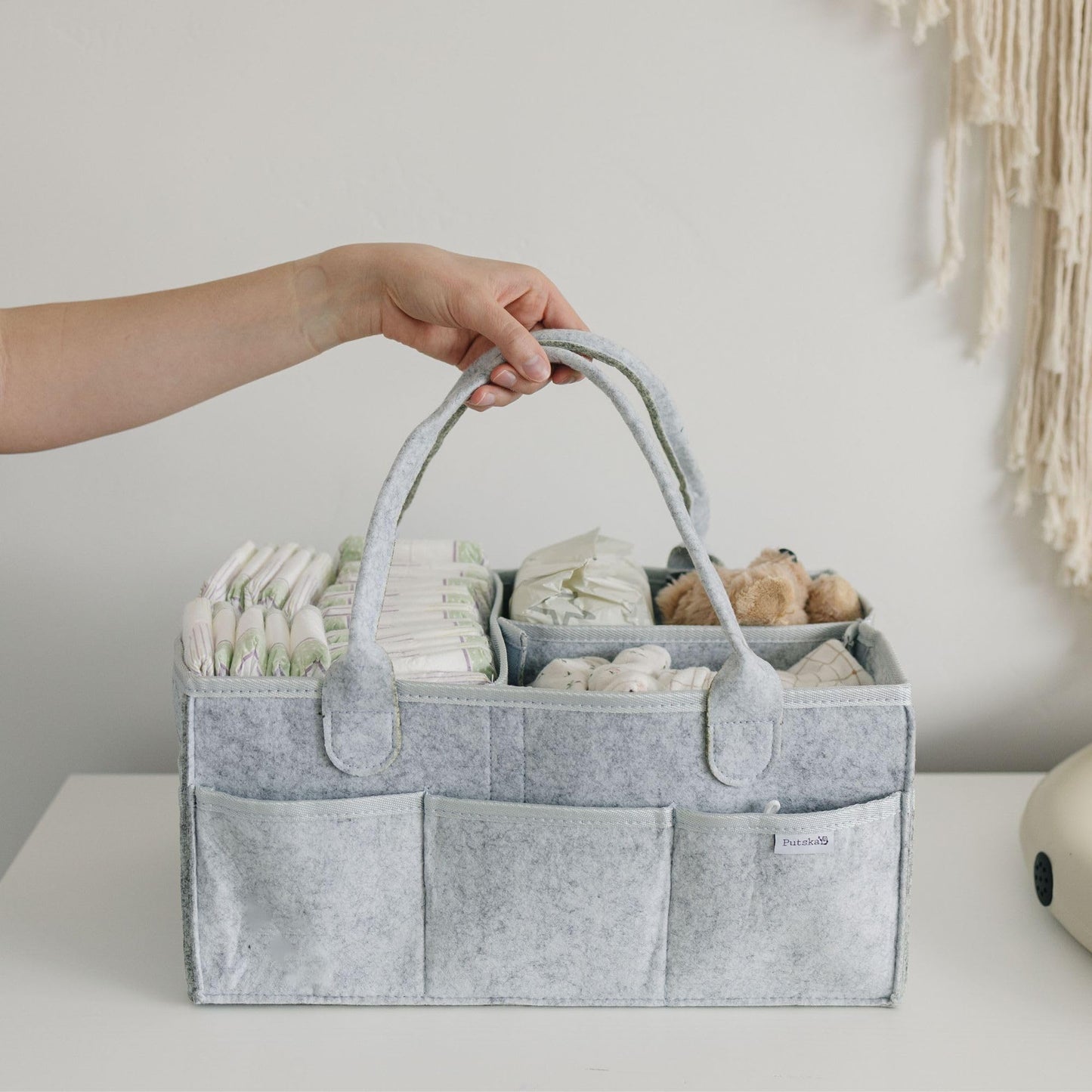 PUTSKA Nursery Storage Basket - Baby Diaper Caddy Organizer for Diaper Station, Newborn Essentials, Baby Shower Gifts and Registry Must-Haves for Boy or Girl