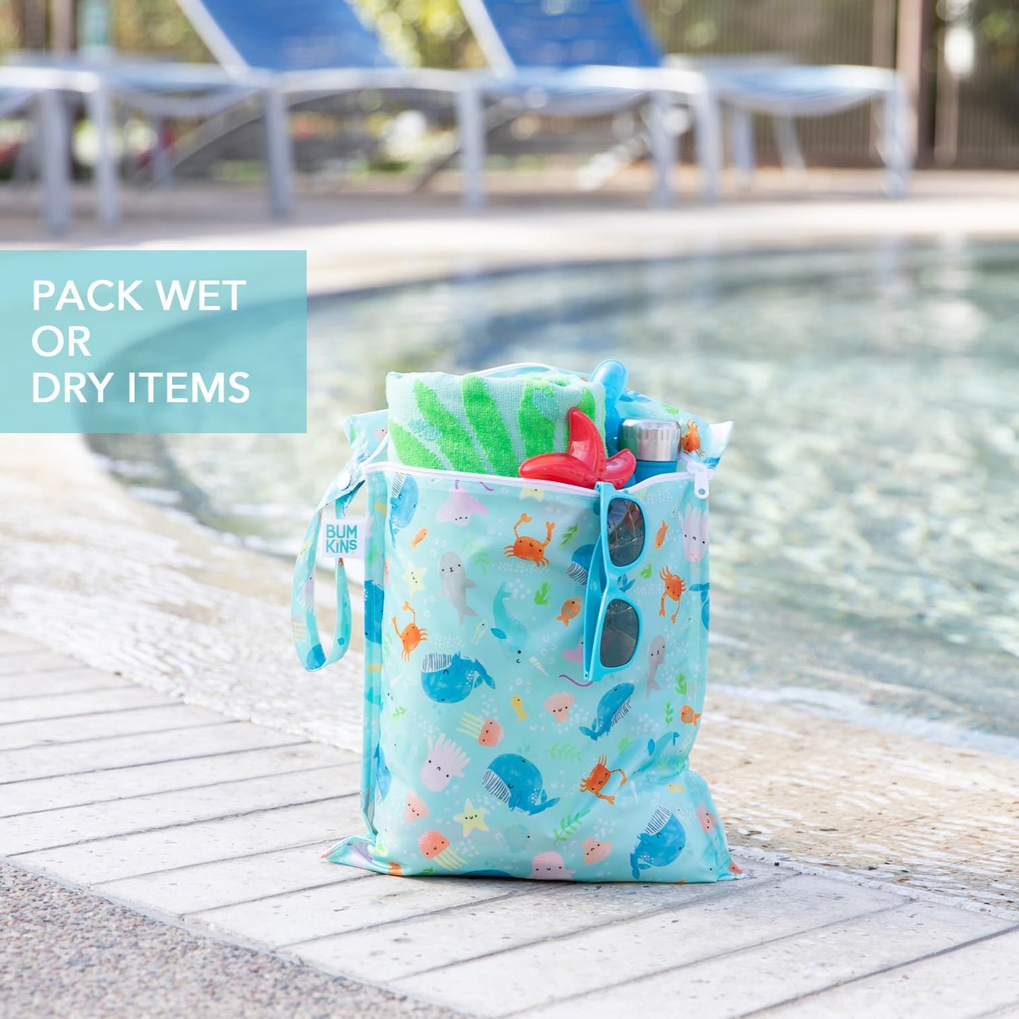 Bumkins - Waterproof Wet Bag & Clear Travel Bags - For Beach, Baby, Travel, Swim Suit, Cloth Diapers, Pump Parts, Pool, Gym, Toiletries - Reusable & Easy to Clean - Ocean Life Blue - 4 Pack