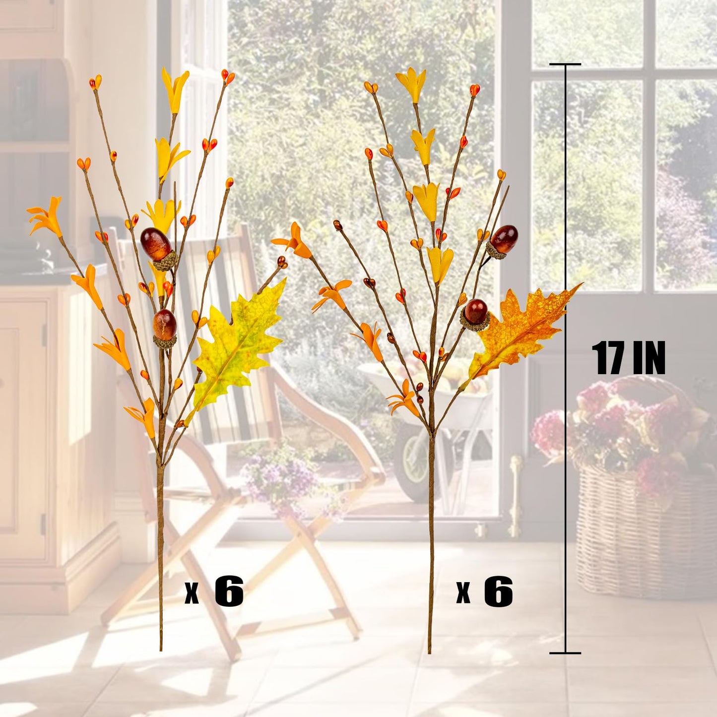 VioletEverGarden Artificial Fall Flowers 12 Pack Fall Leaves Stems 17 Inch Fall Floral Picks with Forsythia Acorn and Berry for Thanksgiving Holiday Decorations