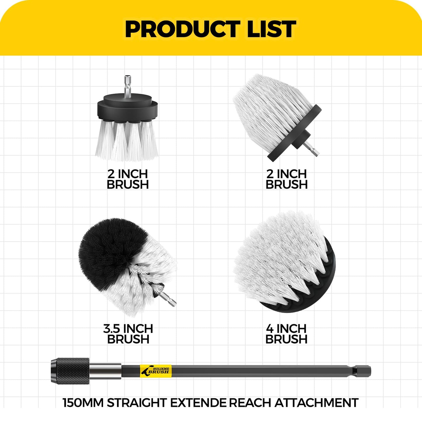 Holikme 5Pack Drill Brush Attachment Set-Car Interior Detailing Kit，Power Scrubber Brush Extended Long Attachment for Bathroom, Car，Shower，Carpet,Boat,Kitchen，Floor and Tile，White