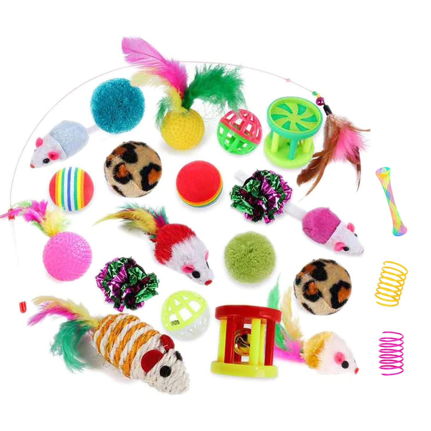 32Pcs Cat Toys Kitten Interactive Pet Toys Assortments, Foldable Rainbow Tunnel, Teaser Wand Fluffy Mouse Crinkle Balls Bell Play for Puppy Kitty (3 way)