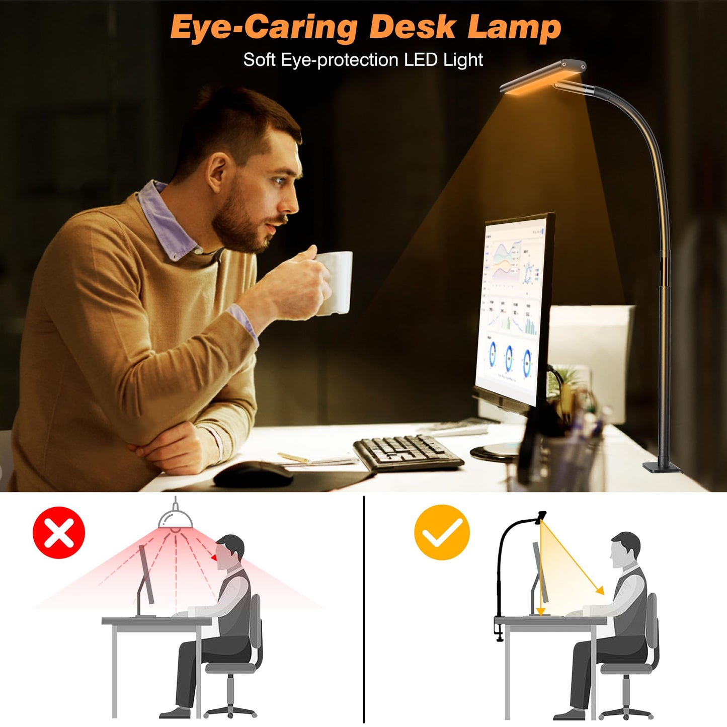 Airlonv LED Desk Lamp for Office Home, Eye-Caring Desk Light with Stepless Dimming Adjustable Flexible Gooseneck, 10W USB Adapter Desk Lamp with Clamp for Reading, Study, Workbench (Black)