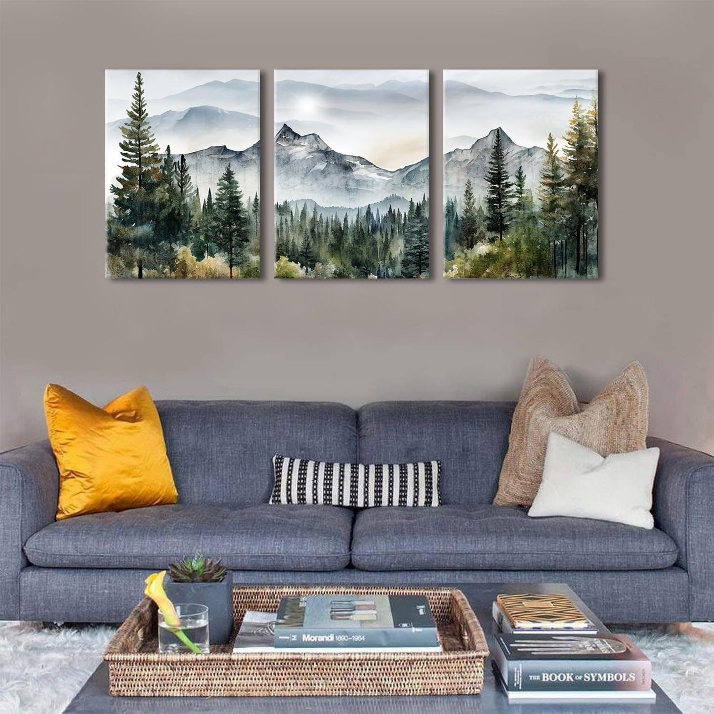 Dytila Framed Green Mountain Wall Art Set of 3, Misty Forest Pictures Wall Decor Neutral Nature Paintings Modern landscape Canvas Prints Sunrise Artwork for Living Room Office Hallway 12x16 in