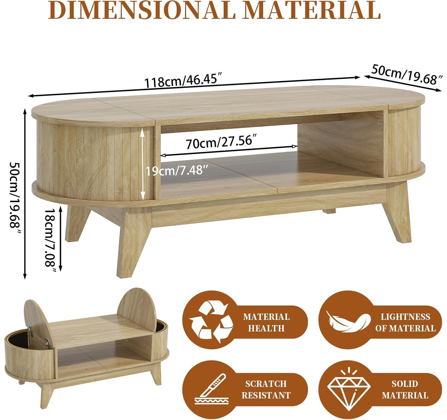 Fsbecl 46.45'' Oval Coffee Tables for Living Room, Mid Century Modern Coffee Table with Storage, Wood Fluted Accent Center Table with Flip-Top Lids for Home,Office (Wood Color)