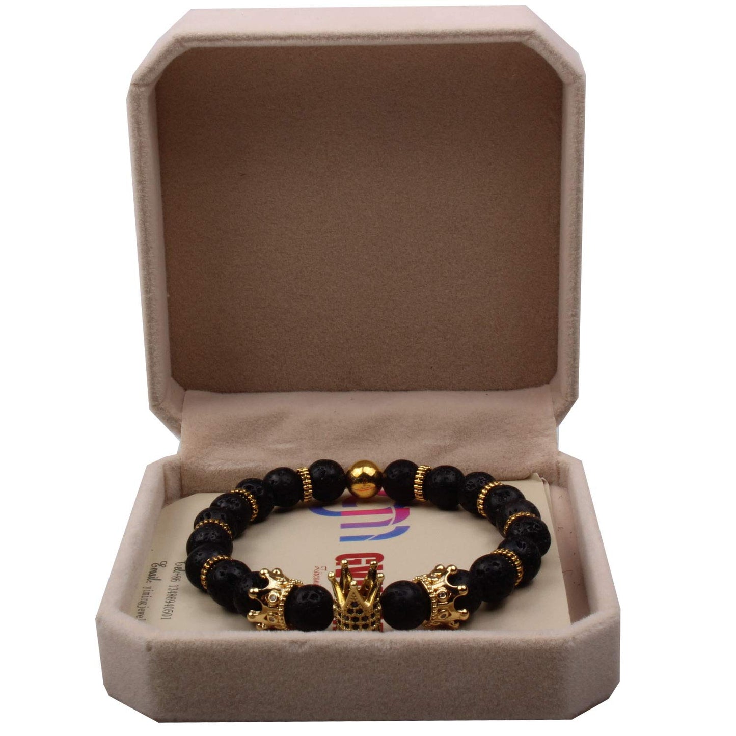 GVUSMIL Imperial Crown Bead Bracelet King&Queen Luxury Charm Couple Jewelry for Women Men (Black Lava Rock)