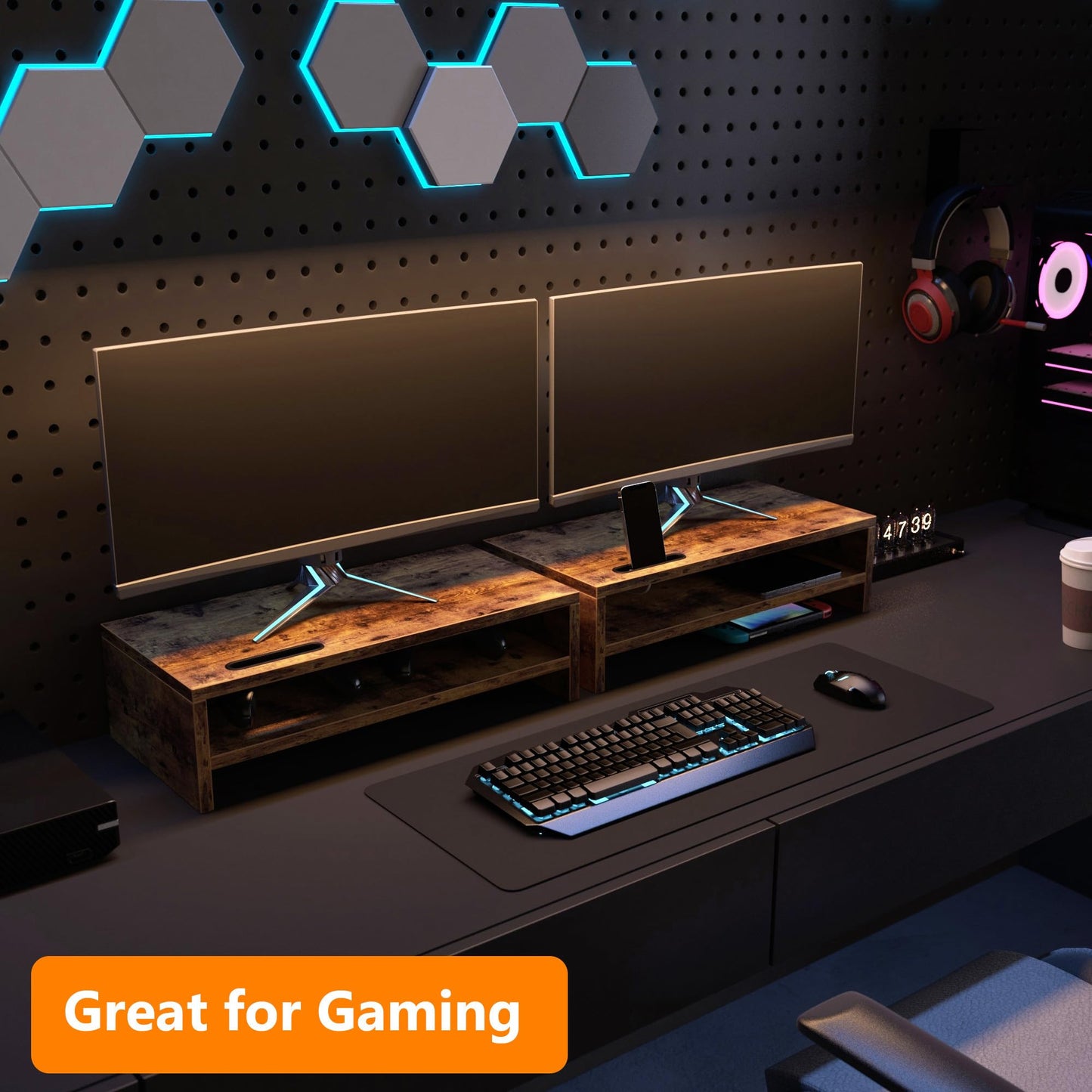 Wood Monitor Stand for Desk, 2 Tier Anti-slip Monitor Riser for Desktop with Phone Slot, Sturdy Computer Stand with Storage Shelves, Sturdy Laptop Riser Monitor Shelf, Easy to Assemble, Rustic Brown