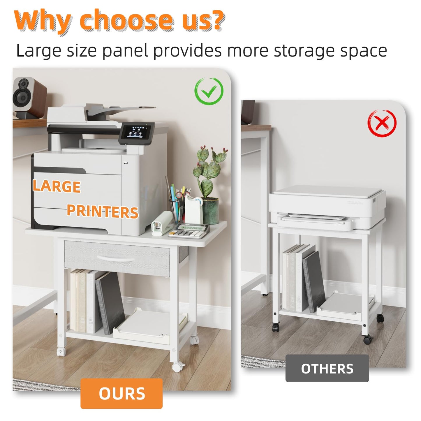 YAOHUOO 22"x15" Large Printer Stand with Storage Drawer, 2-Tier Under Desk Table for Home Office, Fits Fax Machine/3D Printer/Scanner (White)