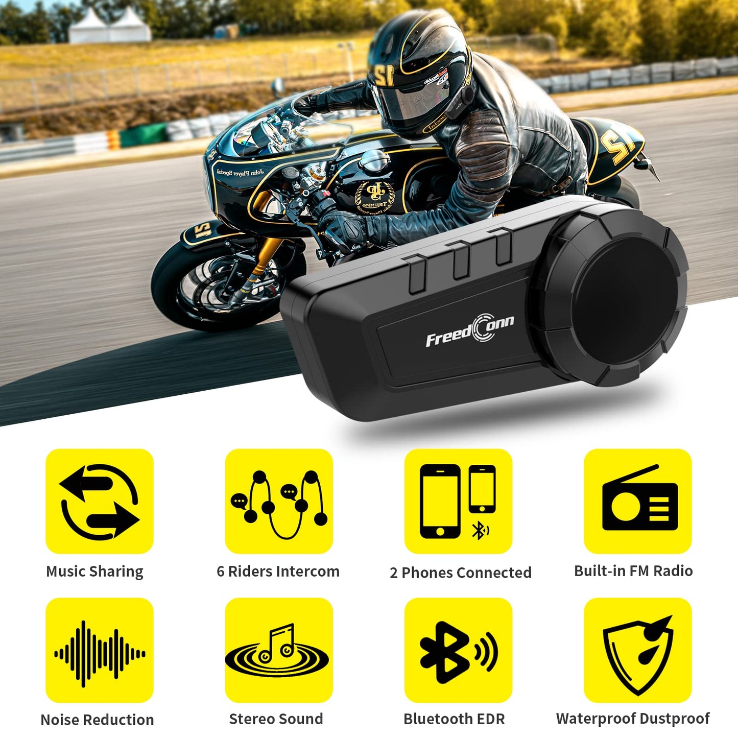 FreedConn KY PRO Motorcycle Helmet Bluetooth Headset, Motorcycle Communication Systems with CVC Noise Cancellation, Stereo Music, 6 Riders 0.75mi/1200m intercom, Dual Device Connection, IP65, 2 Pack