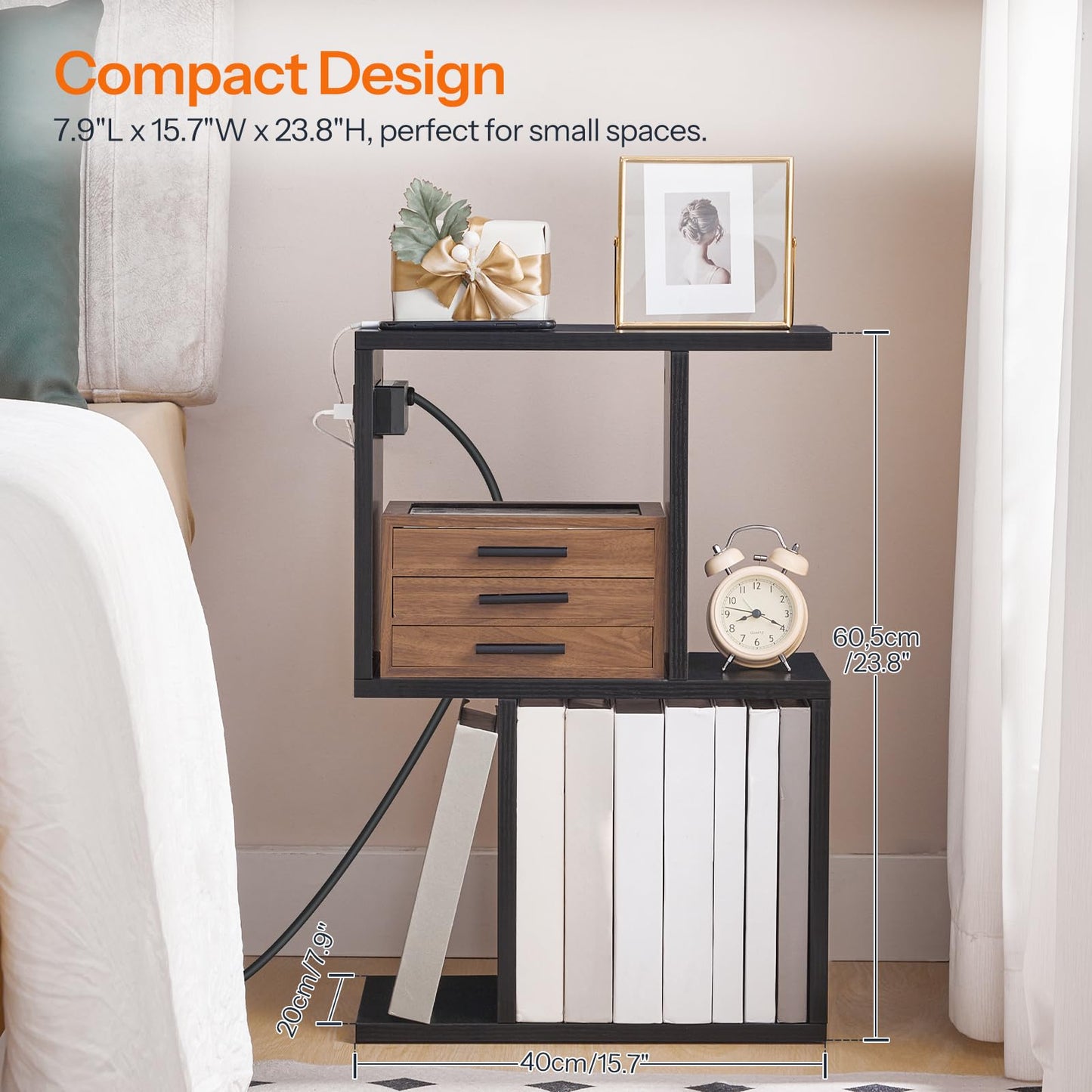 HOOBRO Narrow Side Table with Charging Station, S-Shaped Slim End Table Geometric Bookshelf with Open Storage, for Small Space, Living Room, Bedroom, Rustic Brown FG137UBZ01