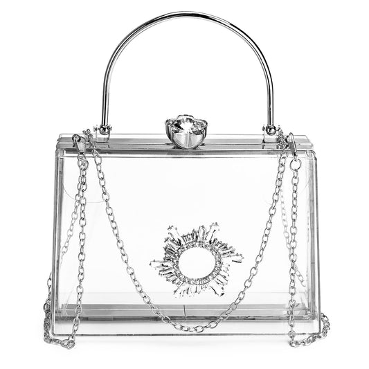 Rkrouco Women's Clear Purse Acrylic Clear Clutch Bag, Shoulder Handbag With Removable Chain-Silver