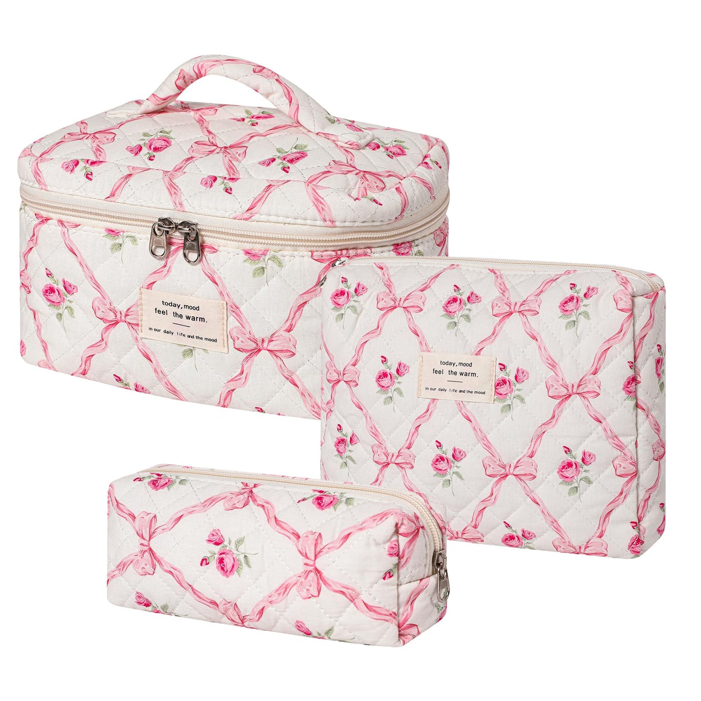 Large Quilted Makeup Bag for Women and Girls, Cute Coquette Floral Cotton Cosmetic Bag, Aesthetic Travel Organized Toiletry Bags (01Pink Bows)