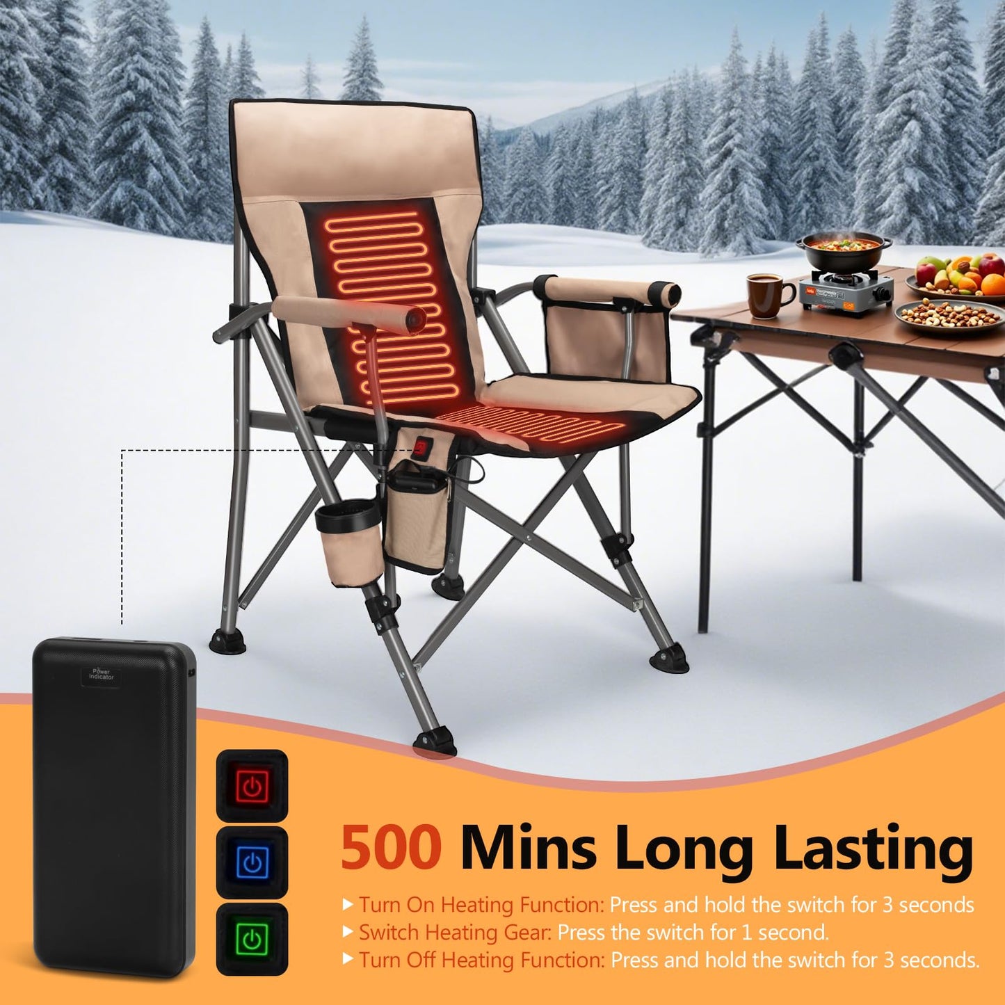 QUYUAN Heated Camping Chair with 20,000 mAh Battery, Fully Padded Heated Camp Chairs, Loog-Lasting for 500 Mins, Heavy Duty Folding Chairs Supports 500 lbs for Camping, Outdoor Sports, Picnics, Beach