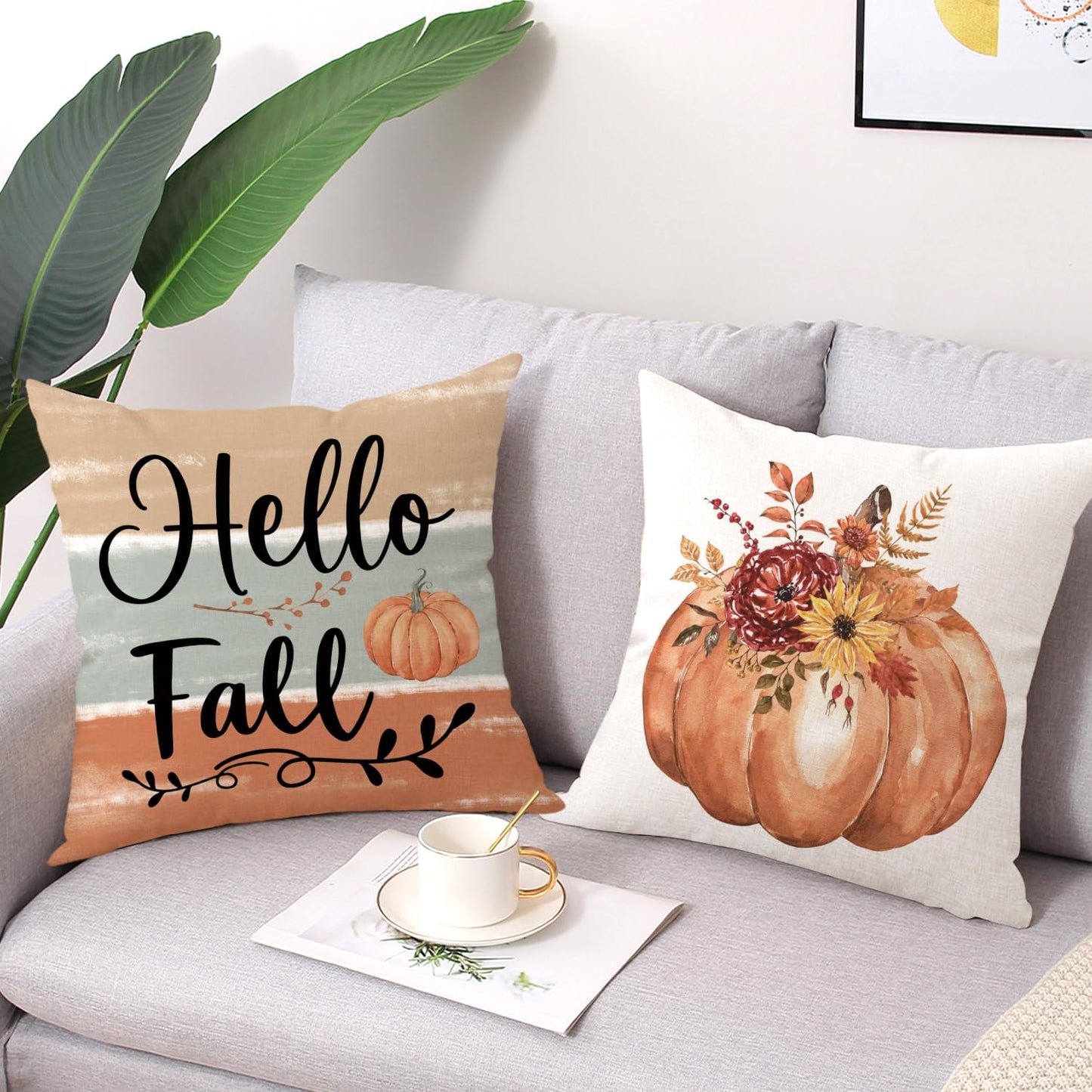 Gujiahone Fall Decorative Pillow Covers 18 x 18 Inch Set of 4 Bless Our Home Hello Fall Pumpkin Flowers Mason Jar Autumn Thanksgiving Farmhouse Decoration for Sofa Couch Living Room