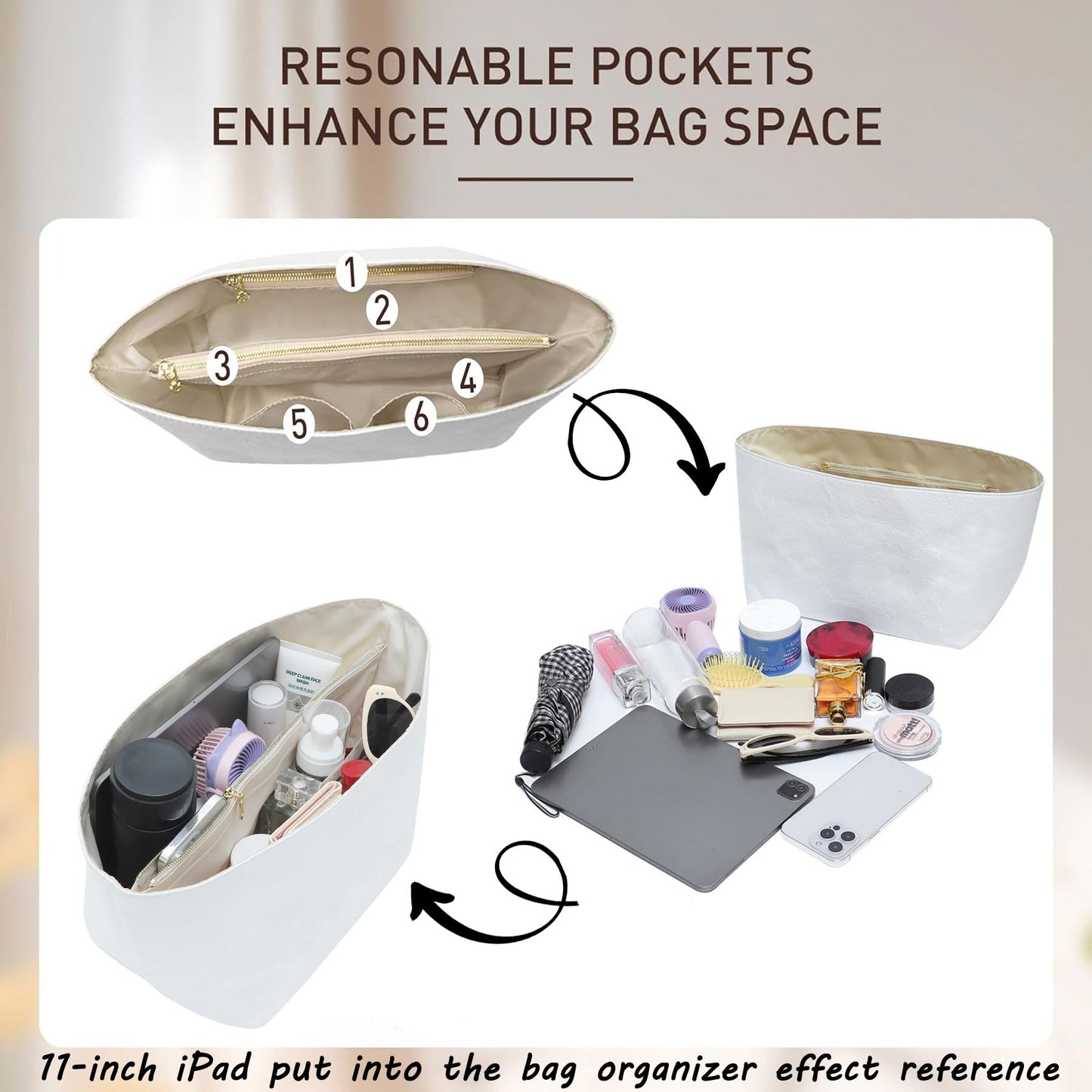 Doxo Upgraded longchamp Organizer Insert, Bag Organizer Insert for Long Champ Large and More, Ultra-light Waterproof DupontPaper le pliage Large Organizer, Keeps Tote Handbag Neat(White,L)