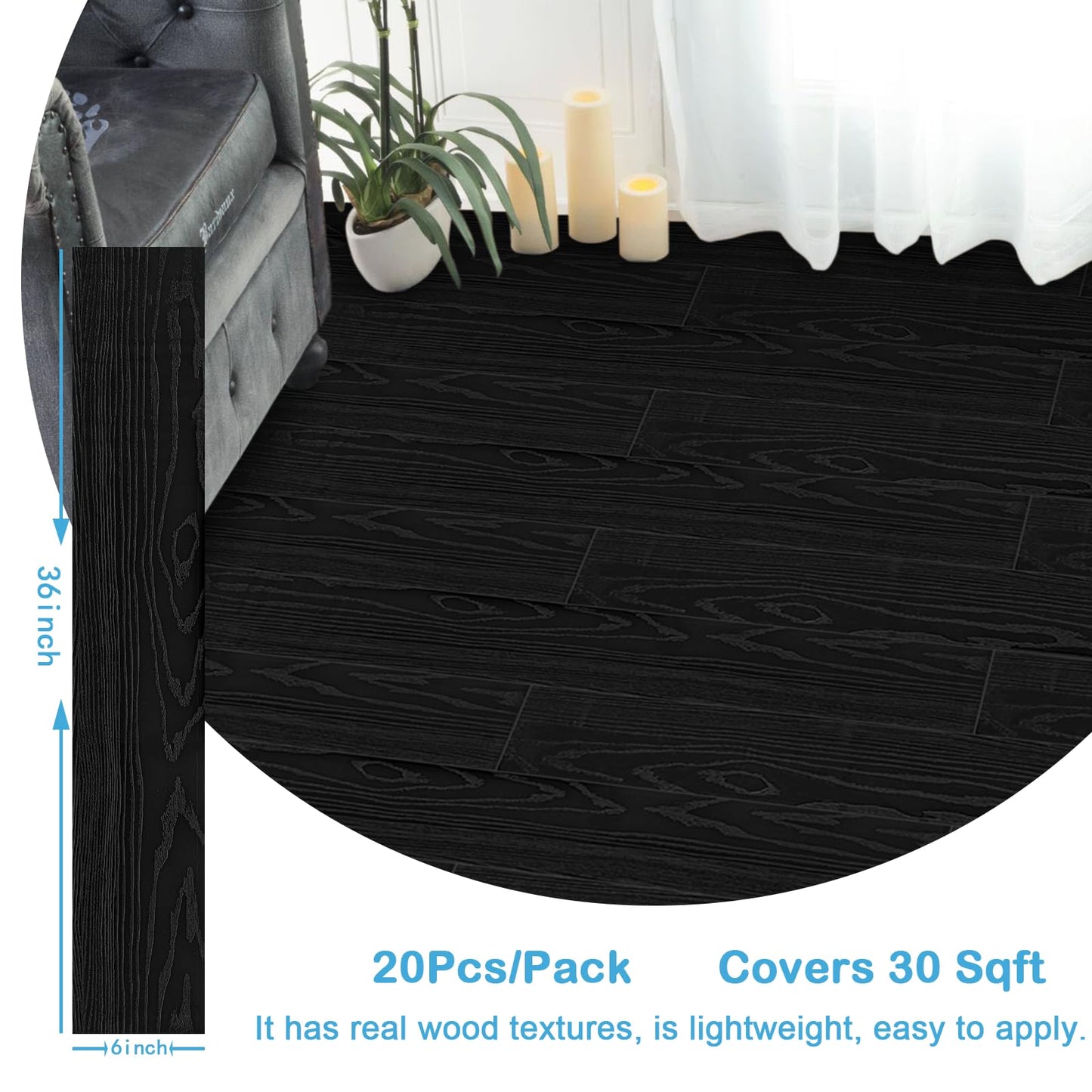 Peel and Stick Floor Tile - Vinyl Flooring 20-Pack (30 Sq.Ft), Waterproof and Self-Adhesive Black Wood Plank for Bathroom Kitchen Laundry Room, Easy DIY Flooring, No Grout Needed (36x6 Inch)