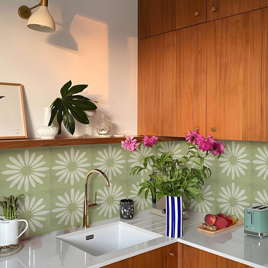 Alwayspon 25PCs Peel and Stick Tile Transfer Stickers, Green White Floral Tile Decal Self-Adhesive Vinyl Backsplash Stick on Tiles for Kitchen Bathroom, 15cm/6inch