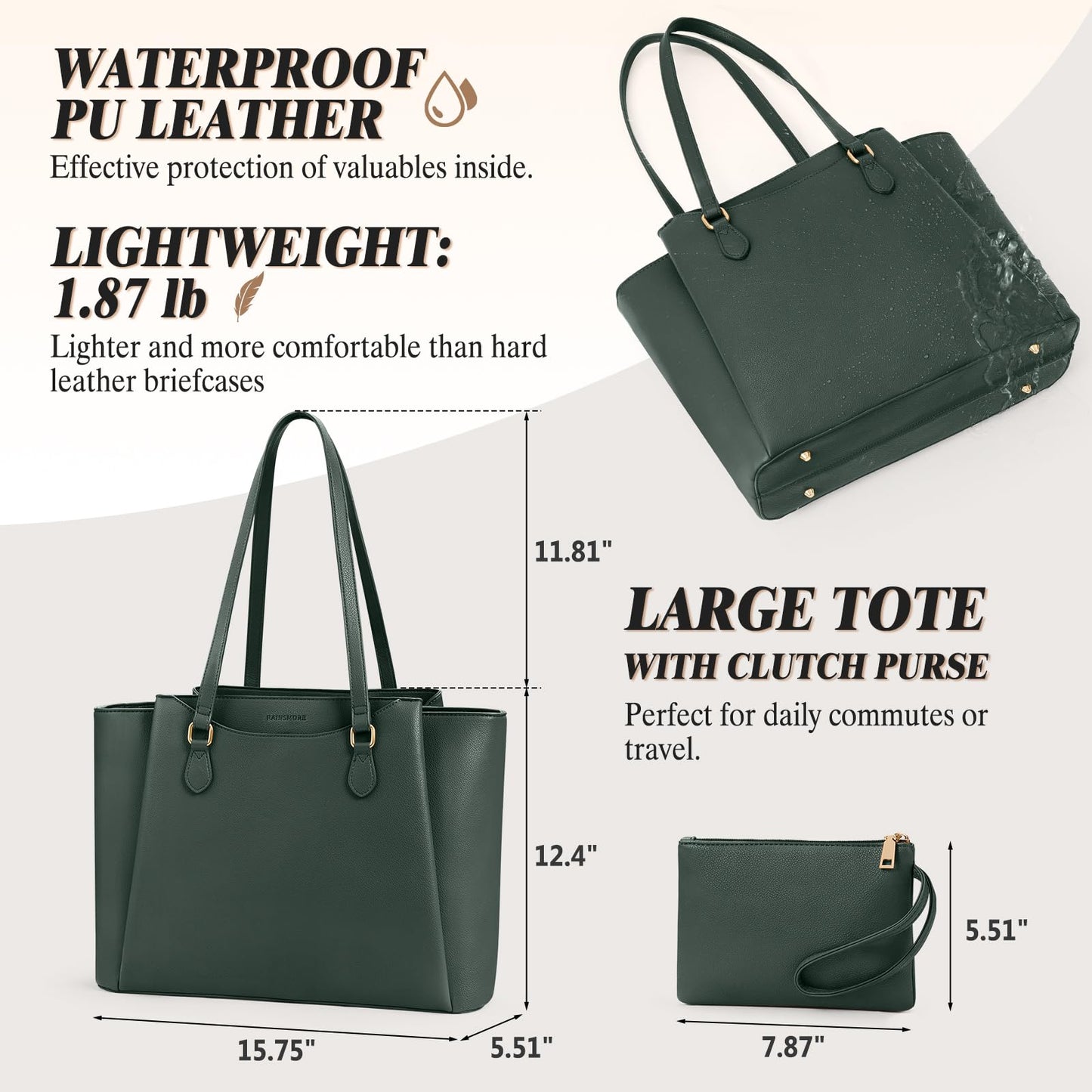 RAINSMORE Laptop Bag for Women 15.6 Inch Work Tote Bags Waterproof Computer Bags Leather Professional Laptop Purse Womens Laptop Briefcase Large Handbag for Office Teacher Travel, Green