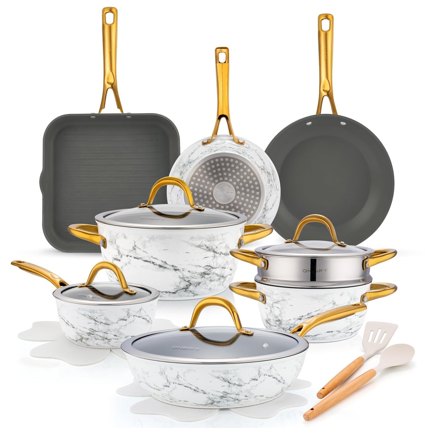 ONGIFT 16Pcs Nonstick Cookware Sets, Kitchen Pots and Pans Set Non Stick for Cooking, Non Toxic Induction Cookware, Oven & Dishwasher Safe, Mable White