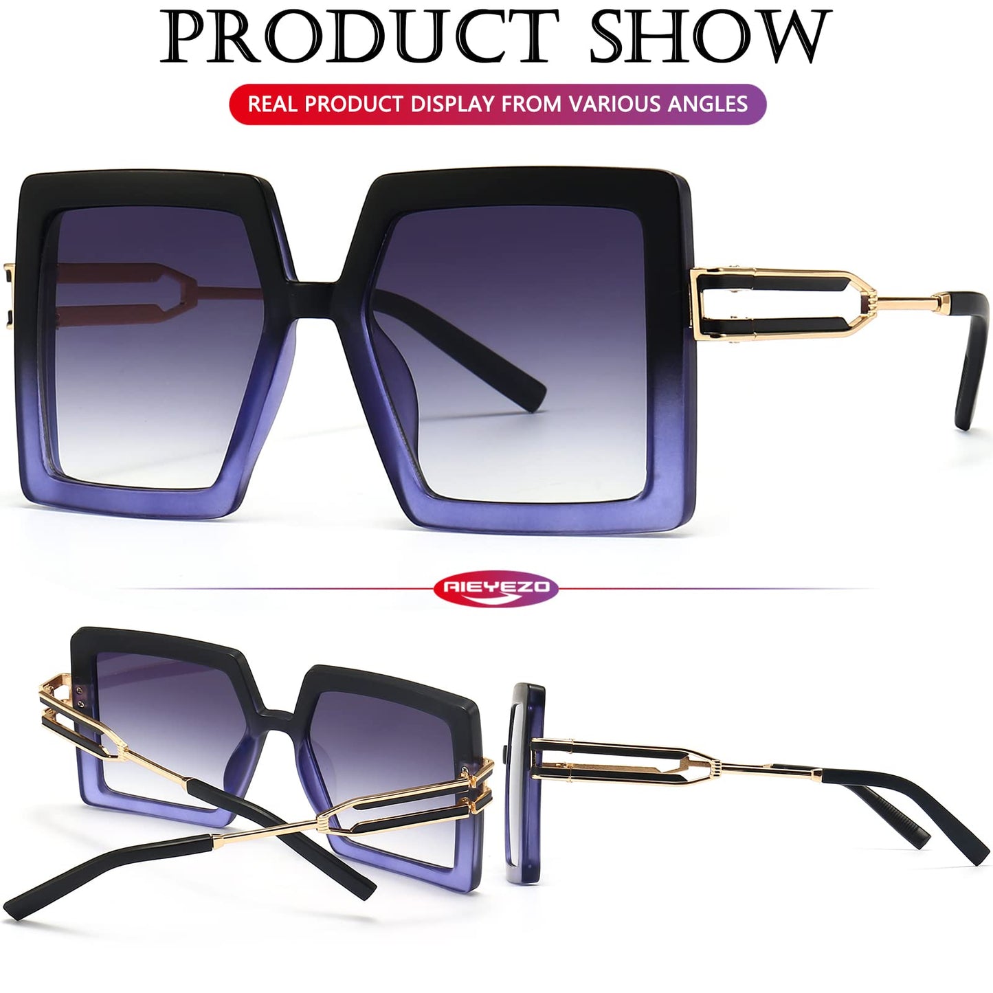 AIEYEZO Oversized Sunglasses for Women Square Fashion Big Large Frame Sun Glasses UV400 Protection (Black + Blue Gradient)