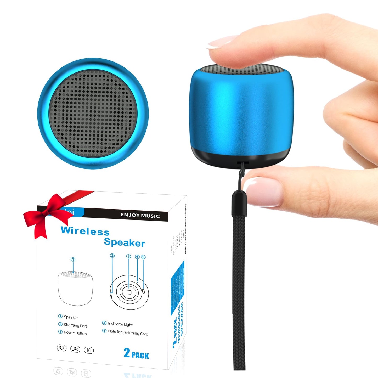 AUKSKY 2Pack Portable Mini Speaker, Bluetooth Tiny Speaker for Shower, Room, Bike, Rechargeable Battery, Built-in Microphone with Strap to Carry, Blue