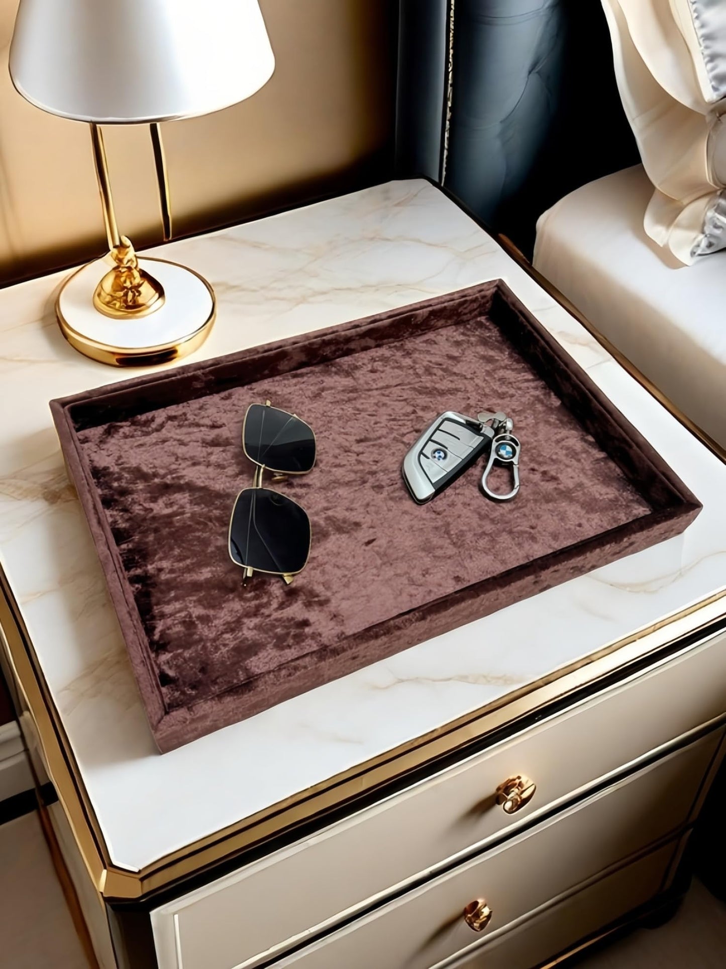 AgentMoon Luxury Jewelry Storage Tray,Noble Retail Goods Display Tray,Bedside Organizer for Remote Controller iPhone Eyeglasses.Original Design Flashing Special Velour.(Tabby Dark Coffee)