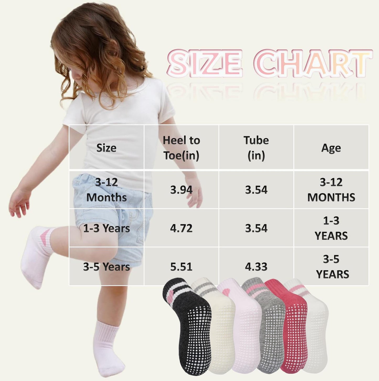 Wamvp Toddler Grip Socks with Non-Slip, Unisex Baby Retro Stripe Seamless Crew Ankle Cotton Socks for Girls Boys 6 Pairs,Pink 1-3T