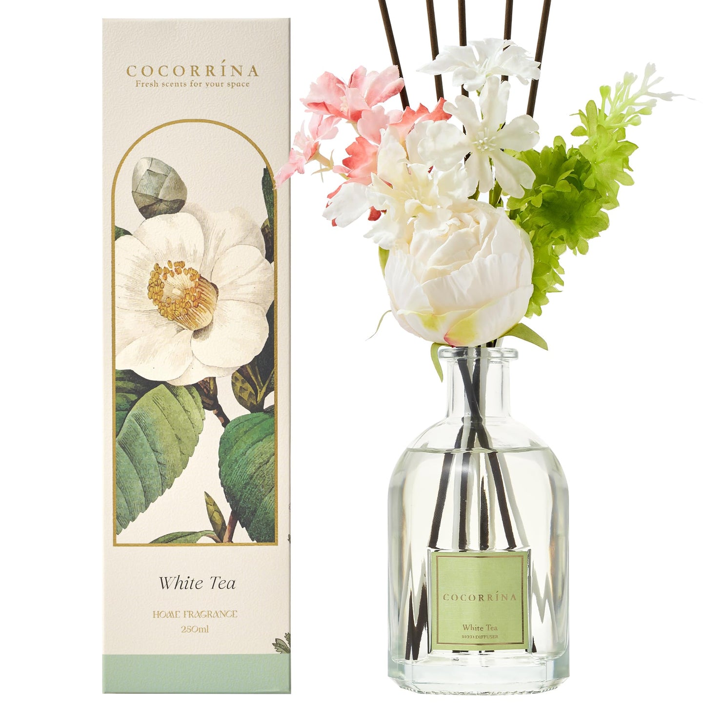 COCORRÍNA Reed Diffuser - White Tea 8.5 Fl.oz/ 250ml Flower Diffuser with 8 Sticks, Reed Diffusers for Home Bathroom Shelf Decor (Botanical Flower Collection)
