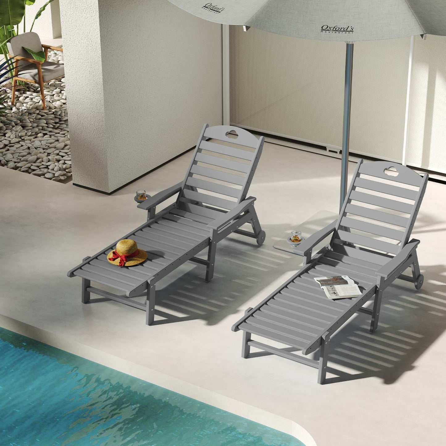 Orbcove Oversized Chaise Lounge Chair Outdoor with Wheels & Cup Holder, 6-Position Adjustable HDPE Patio Lounge Chair for Poolside, Garden, Deck & Lawn (Grey, 2-Piece)