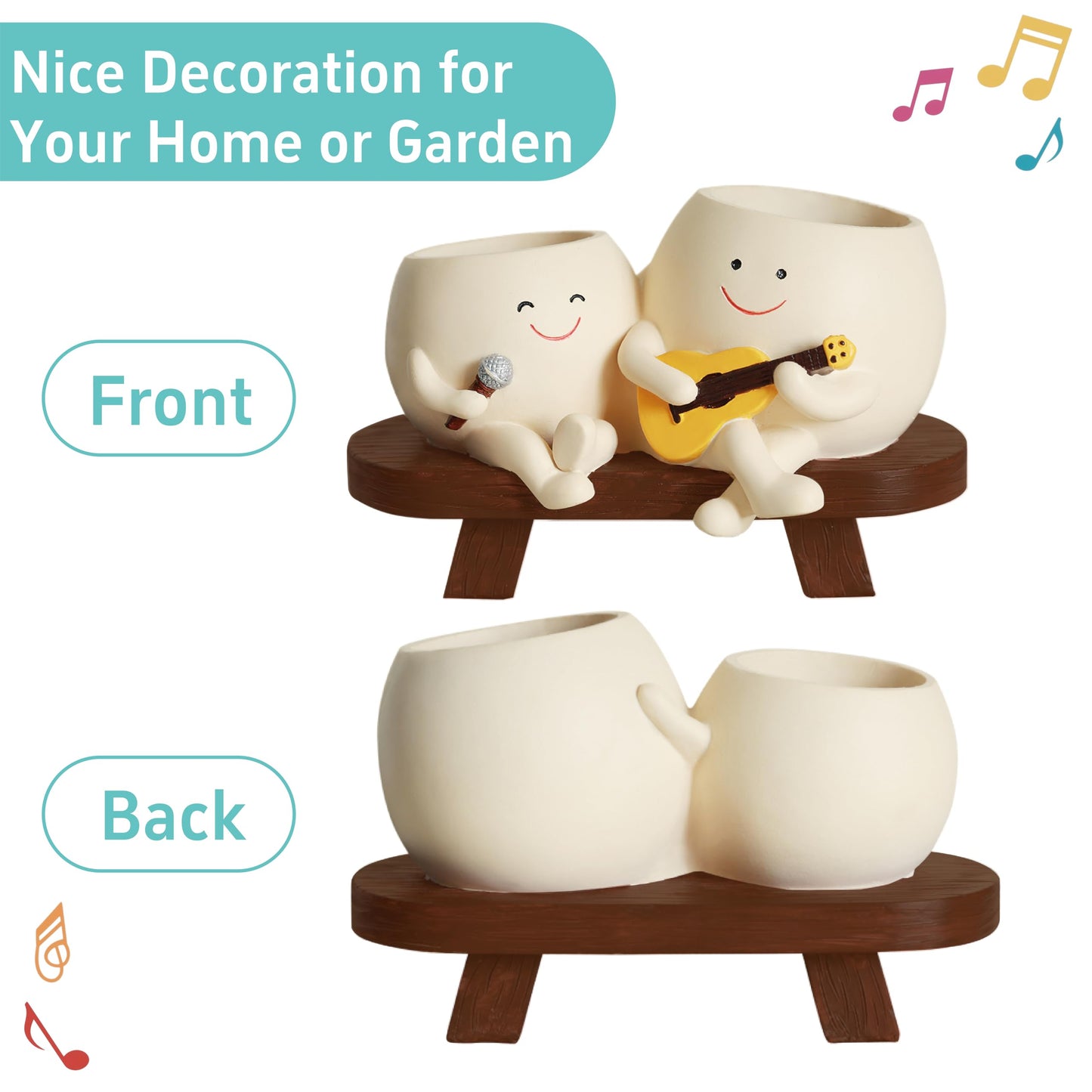 yiilead Smiley Face Planter Pot,Unique Double Head Guitar Singing Planter,with Drainage Hole Resin Cute Plant Pot,for Indoor Outdoor Plants