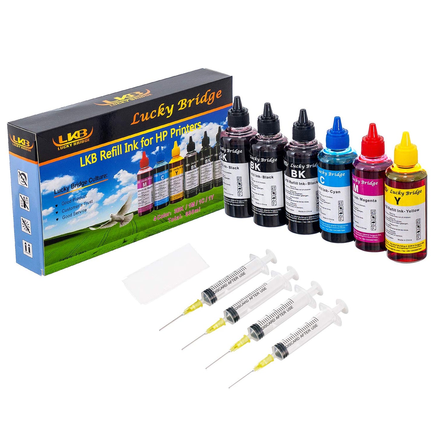 Lucky Bridge Refill Ink kit for HP 950 951 60 61 Cartridge or CIS CISS System 4 Color Set (3BK, C, M, Y)