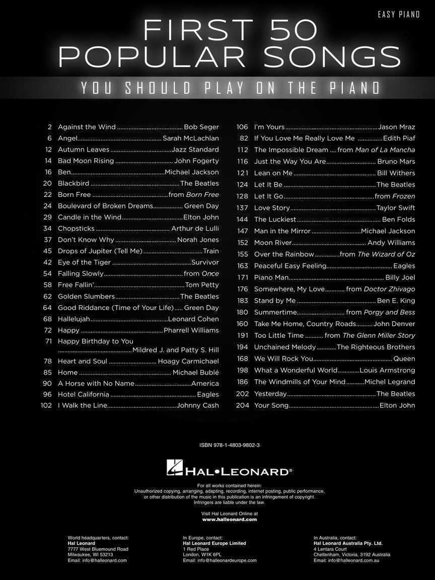 First 50 Popular Songs You Should Play on Piano | Easy Piano Songbook | Beginner Piano Sheet Music for All | Hal Leonard Music Book with Classic Pop Hits, Broadway Tunes, and Jazz Standards