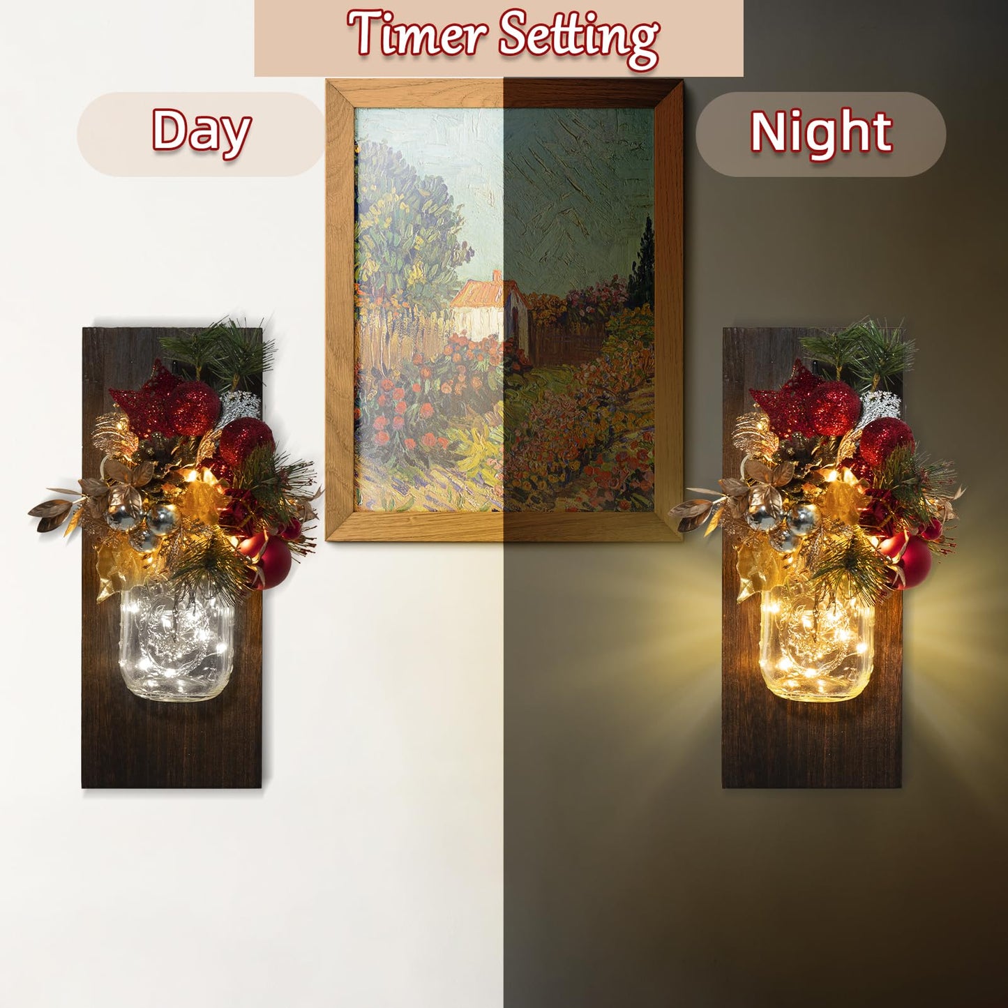 TqsMsp 2Pcs Christmas Mason Jar Wall Sconces, Handmade Rustic Wall Sconces with Remote Control Timer LED Fairy Lights and Red Berry Flowers, Hanging Mason Jar for Xmas Rustic Home Wall Decor (Gold)