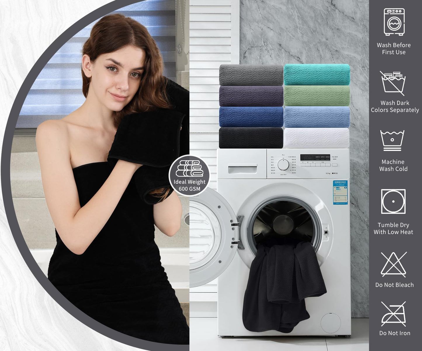 Jessy Home Black 8 Piece Bath Towel Set |2 Oversized Large Bath Sheet,2 Hand Towels,4 Washcloths| Soft Luxury Towel Set for Bathroom Hotel,Highly Absorbent Quick Dry 600GSM Bathroom Towel Collections