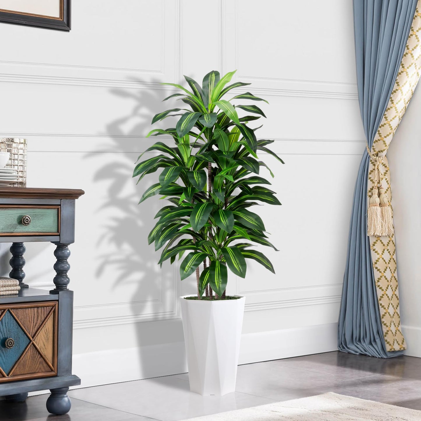 Artificial Dracaena Plant Indoor 5FT Fake Tree with White Diamond Planter Faux Yucca Tall Fake Floor Plant in Pot Artificial Trees for Home Office Living Room Decor Indoor